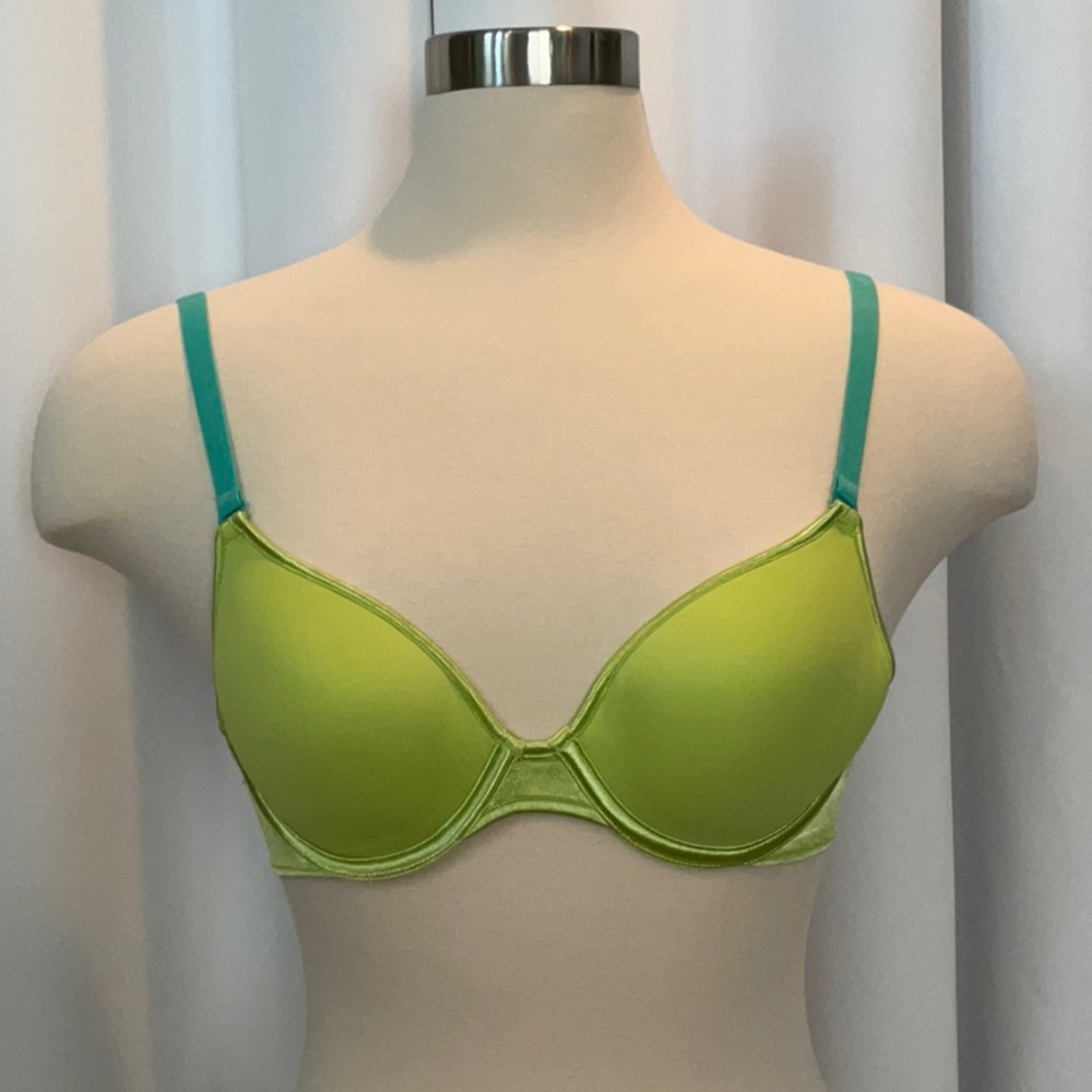 Wonderbra Lime Green Underwire T-Shirt Bra Turquoise Straps Size 36A